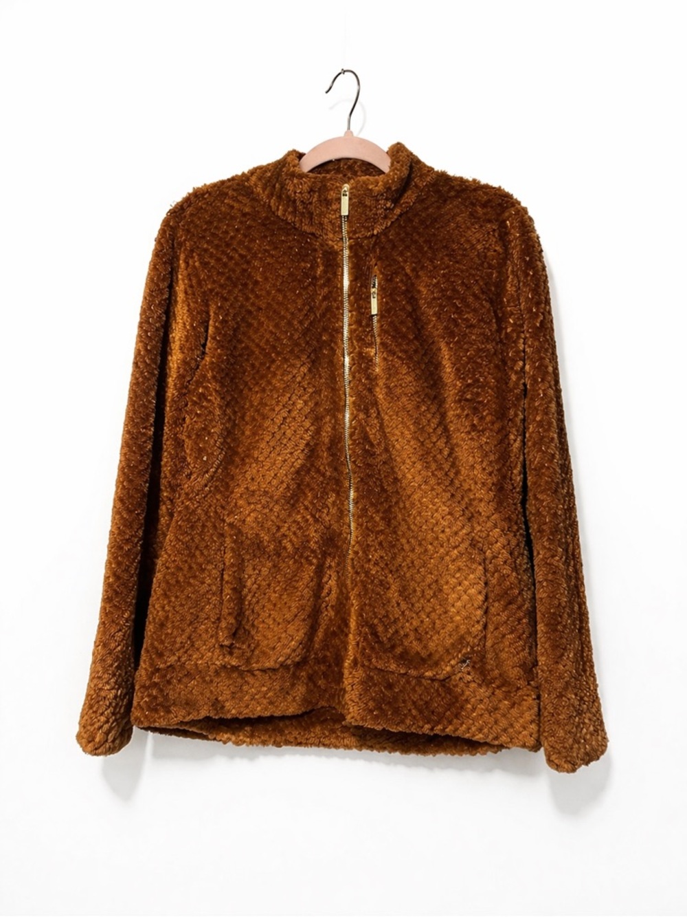 Calvin Klein Plush Zip-Front Teddy Jacket in Chestnut Brown